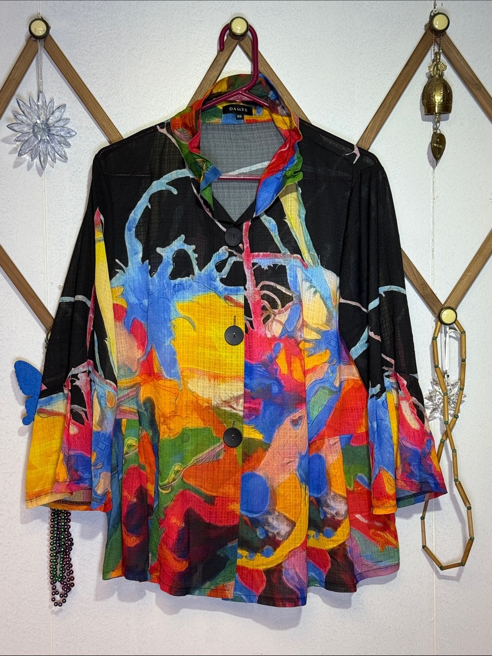 Black Multicolor Abstract Button-Front Blousr